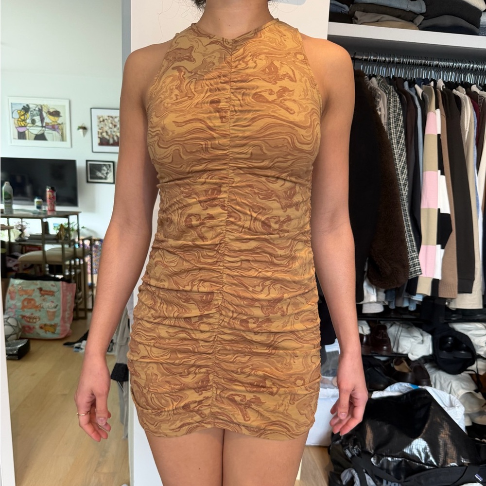 Ruched Marble-Print Halter Mini Dress - Brown